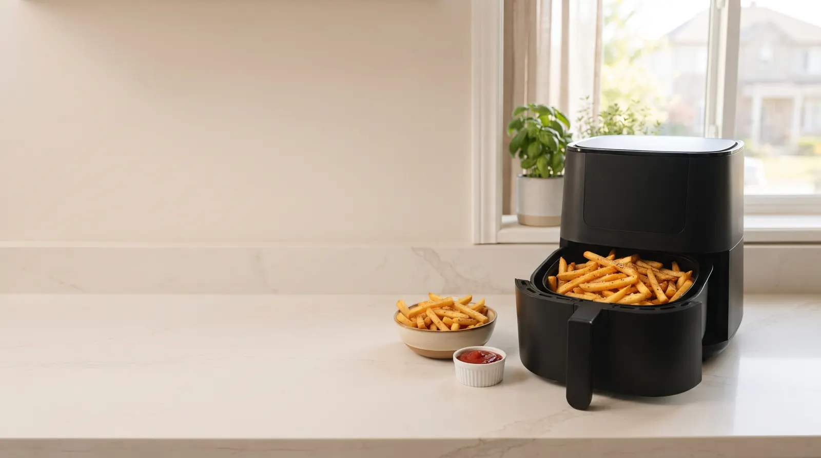 Schwarze Heißluftfritteuse mit geöffneter Schublade voller Pommes neben einer Schale mit Pommes und Ketchup (Symbolbild)